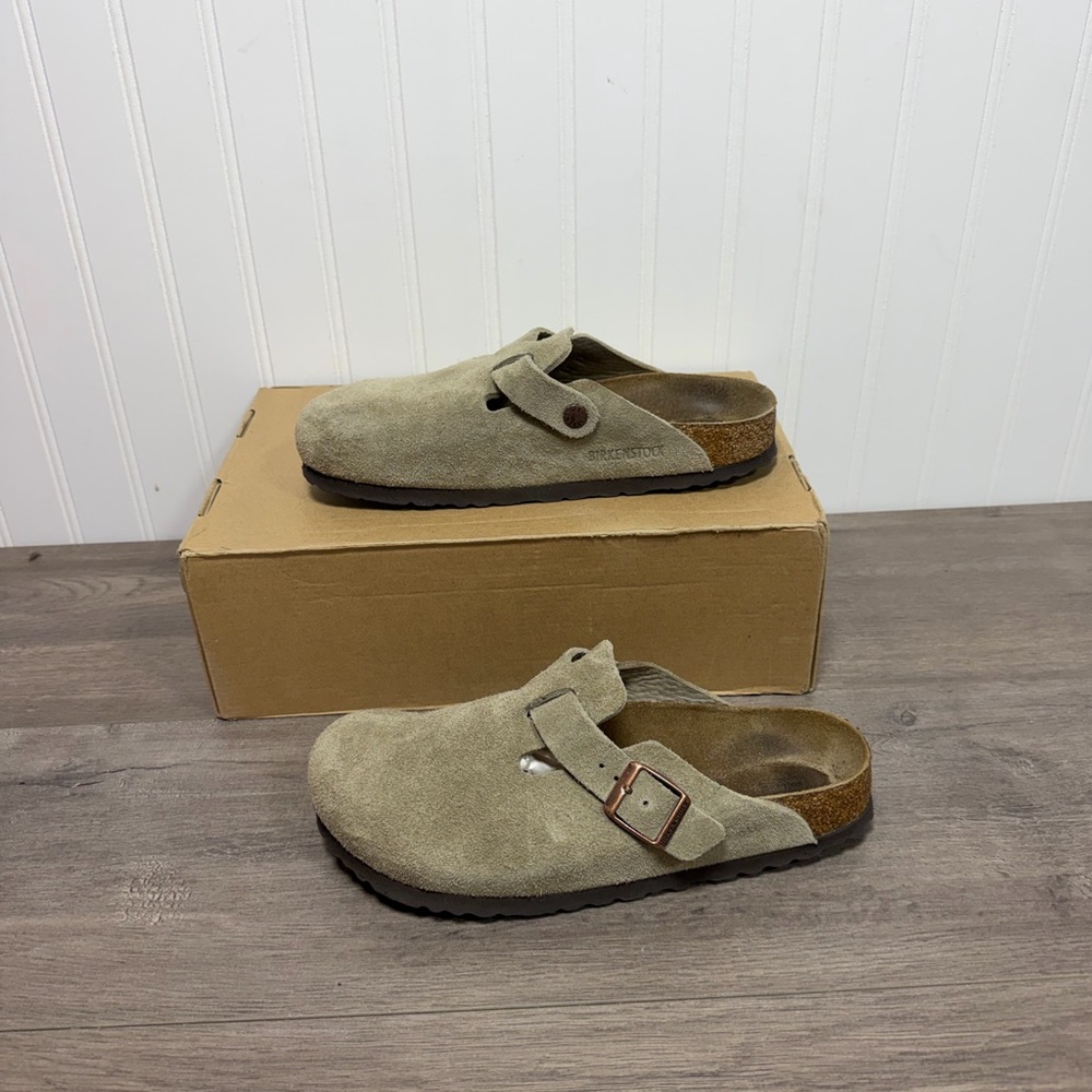 Used women Birkenstock Boston Suede Leather Taupe Soft Footbed  size 39